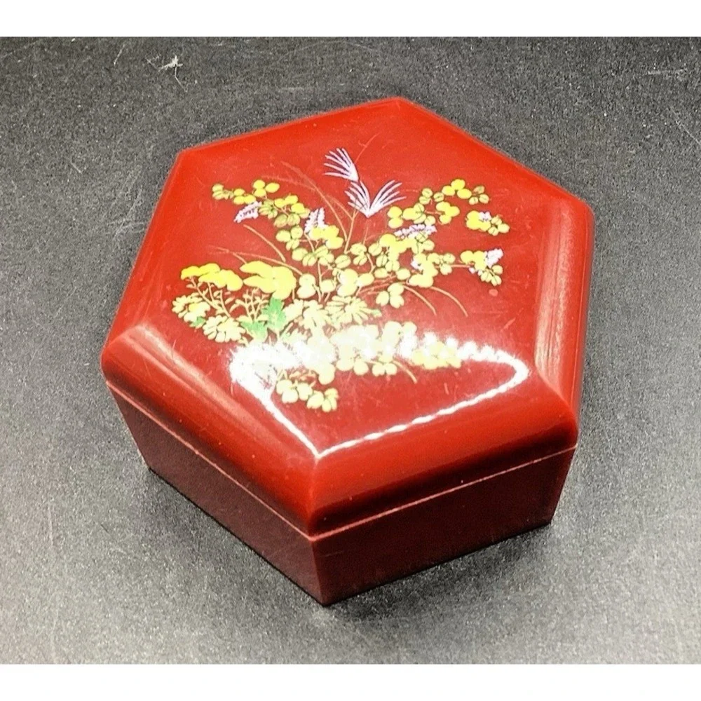 Trinket Box Red Plastic Hexagonal Lidded 3